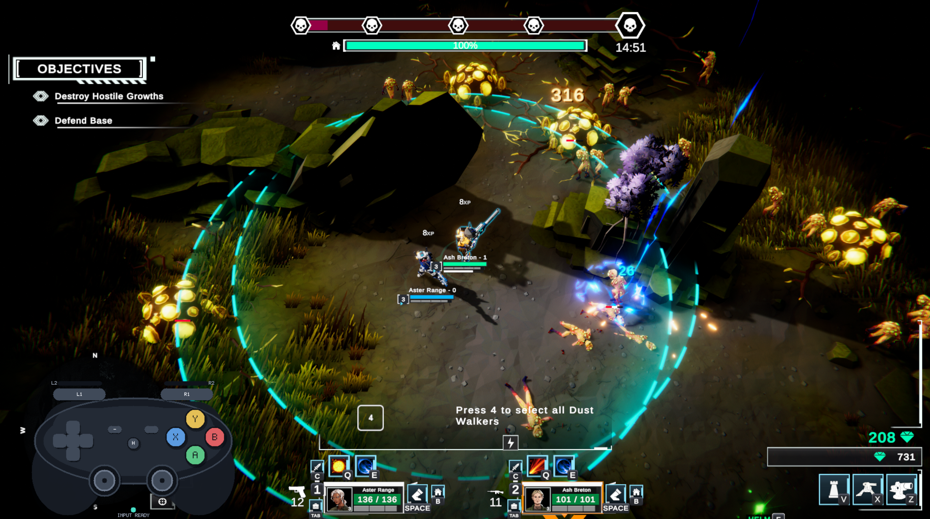 Dust Walkers gameplay with the controller input display visible